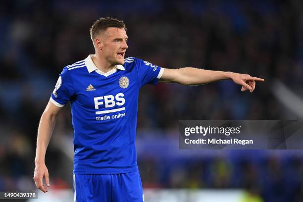 Jamie Vardy of Leicester City gestures during the Premier League match between Leicester City and Liverpool FC at The King Power Stadium on May 15,...