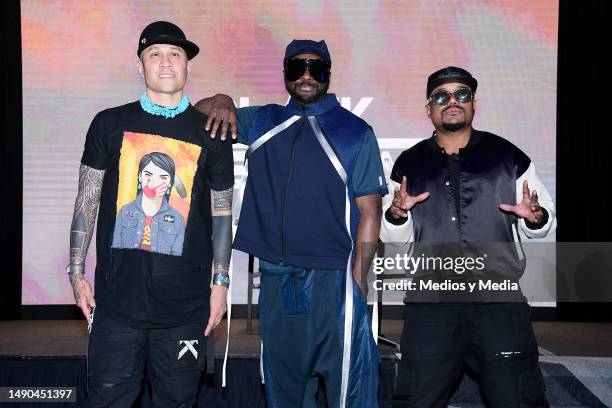 Taboo, Will.i.am and Apl.de.Ap of Black Eyed Peas pose for a photo during a press conference to give details on their Mexico tour at Hotel W on May...