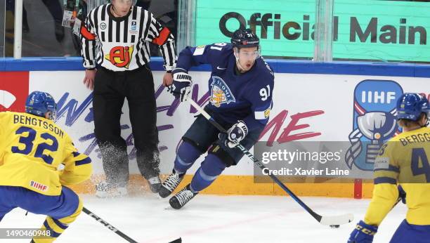 Juho Lammikko of Team Finland controls the puck during the 2023 IIHF Ice Hockey World Championship Finland - Latvia game between Finland and Sweden...