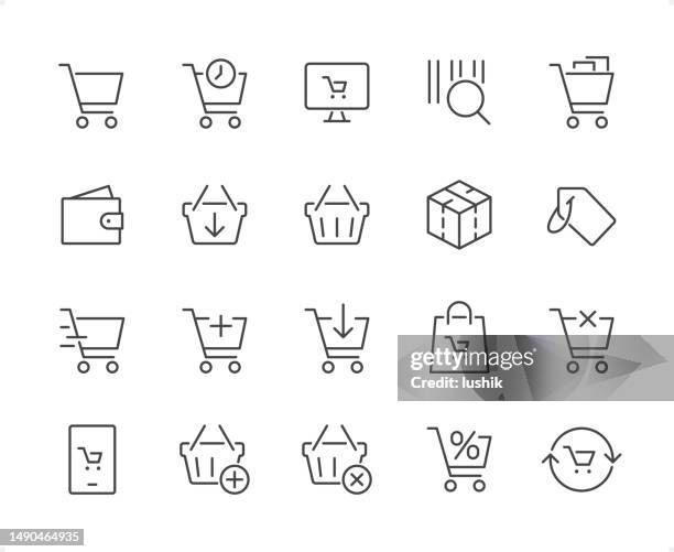shopping cart icon set. editable stroke weight. pixel perfect icons. - add money stock illustrations