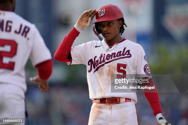 Abrams of the Washington Nationals gestures after hitting a single against the New York Mets during the eighth inning at Nationals Park on May 15,...