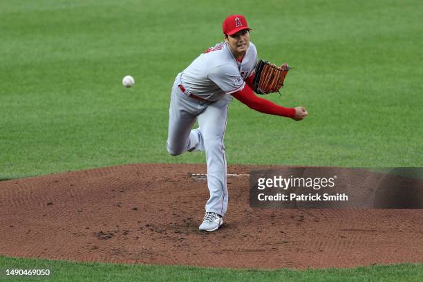 Starting pitcher Shohei Ohtani of the Los Angeles Angels works the second inning against the Baltimore Orioles at Oriole Park at Camden Yards on May...