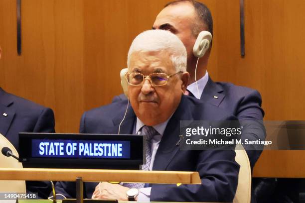 Palestinian President Mahmoud Abbas attends an observation of the 75th anniversary of the Nakba in the General Assembly Hall at the United Nations on...