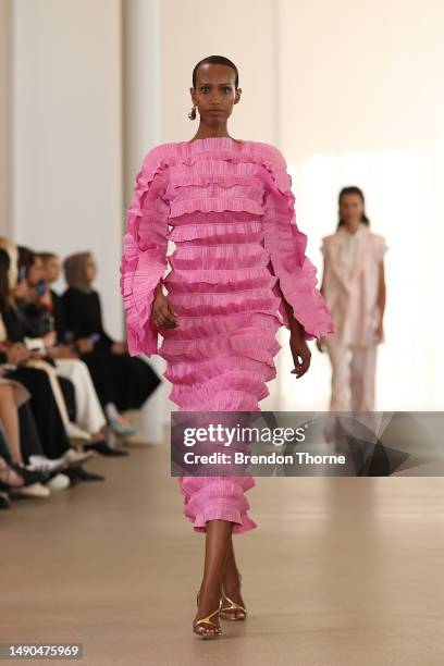 Model walks the runway during the Aje show during Afterpay Australian Fashion Week 2023 at the Sydney Modern Project on May 16, 2023 in Sydney,...