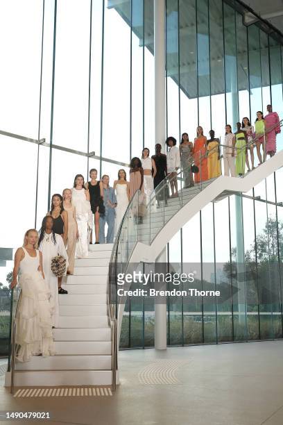 Models pose before the Aje show during Afterpay Australian Fashion Week 2023 at the Sydney Modern Project on May 16, 2023 in Sydney, Australia.