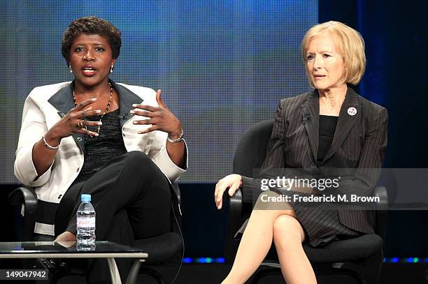 Gwen Ifill, Washington Week, PBS NewsHour and Judy Woodruff, PBS NewsHour speak onstage at the 'PBS Election Coverage' panel during day 2 of the PBS...