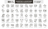 Marketing and advertising line icon set. 50 editable stroke vector graphic elements, Essential brand presence toolkit