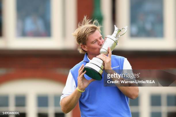 Ernie Els of South Africa kisses the Claret Jug following his victory during the final round of the 141st Open Championship at Royal Lytham & St....