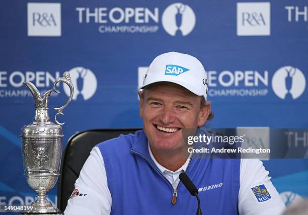 New Open Champion Ernie Els of South Africa speaks to the media after winning the 141st Open Championship at Royal Lytham & St. Annes Golf Club on...