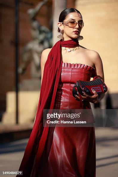 Rowi Singh red leather Aje dress at Afterpay Australian Fashion Week ...