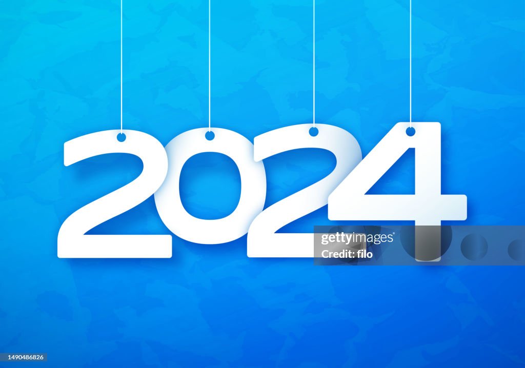 2024 New Year Hanging Tags Ice Blue Water Background