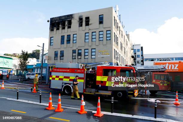 General view of the scene after a fire at Loafers Lodge on May 16, 2023 in Wellington, New Zealand. At least 10 people are dead and many more are...