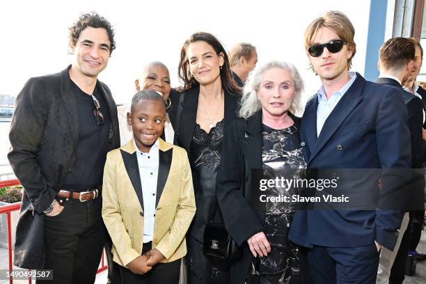 Zac Posen, a guest, Stacey Stevenson, Katie Holmes, Deborah Harry and Harrison Ball attend Family Equality's Night at the Pier at Pier Sixty at...