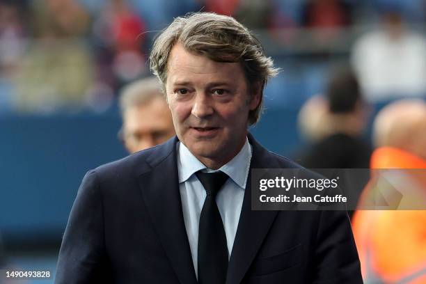 Mayor of Troyes Francois Baroin attends the Ligue 1 Uber Eats match between ESTAC Troyes and Paris Saint-Germain at Stade de l'Aube on May 7, 2023 in...