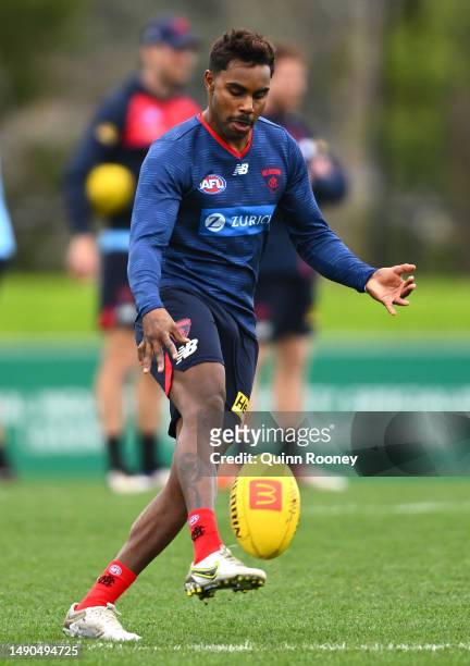 Kysaiah Pickett of the Demons kicks during the Naarm Melbourne Demons AFL training session at Casey Fields on May 16, 2023 in Melbourne, Australia.