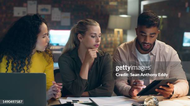 group of startup people with tablet for creative idea planning, data analysis or strategy review. consulting, night or collaboration for project management, social network or seo analytics - webdesigner stockfoto's en -beelden