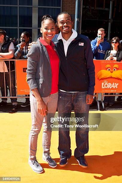 Erea Brown and Aries Merrit of the USA Olympic teof the USA Olympic team am attends the UK premiere of Dr Seuss' The Lorax at cineworld on July 22,...