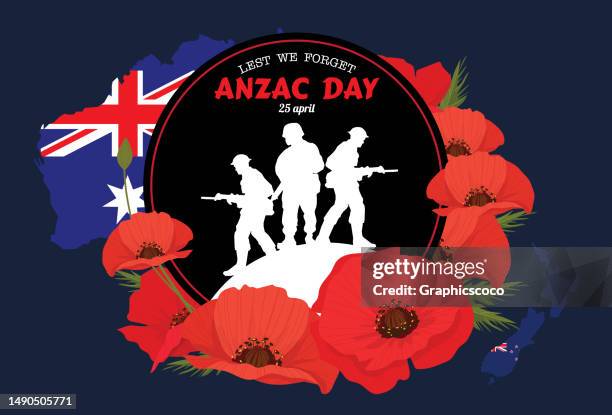 25 april each year, anzac day is a national memorial day in australia and new zealand. - anzac day stock illustrations