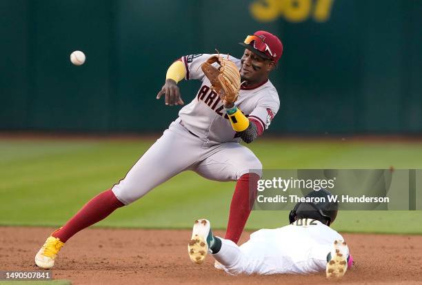 Esteury Ruiz of the Oakland Athletics steals second base ahead of the throw to Geraldo Perdomo of the Arizona Diamondbacks in the bottom of the third...