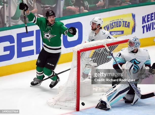 Wyatt Johnston of the Dallas Stars celebrates a goal against Philipp Grubauer of the Seattle Kraken in the third period in Game Seven of the Second...