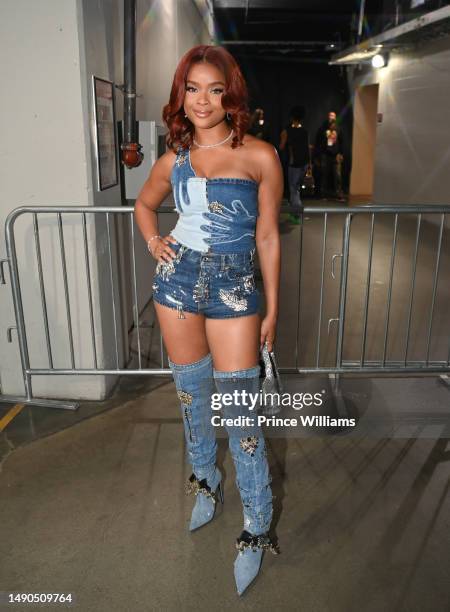 Ajiona Alexus backstage during 2023 Strength Of A Woman Festival & Summit - Mary J. Blige Concert at State Farm Arena on May 12, 2023 in Atlanta,...