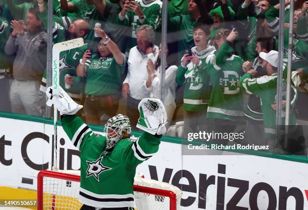 Jake Oettinger of the Dallas Stars celebrates after the win over the Seattle Kraken in Game Seven of the Second Round of the 2023 Stanley Cup...