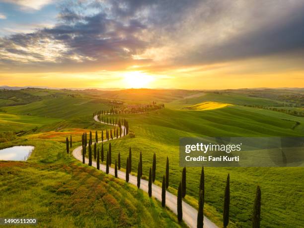 asciano crete senesi paesaggio ondulato in toscana - cielo romantico foto e immagini stock