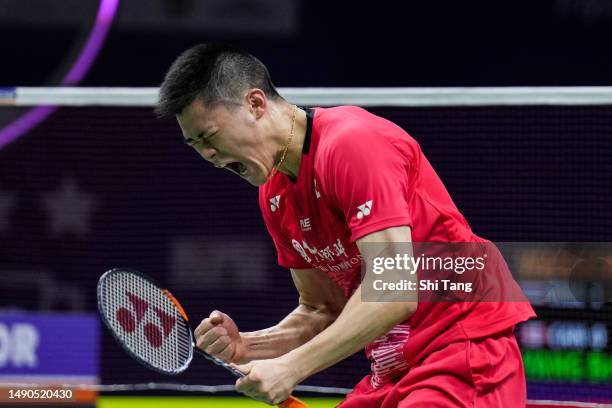 Brian Yang of Canada celebrates the victory in the Men's Singles Round Robin match against Kantaphon Wangcharoen of Thailand during day three of the...