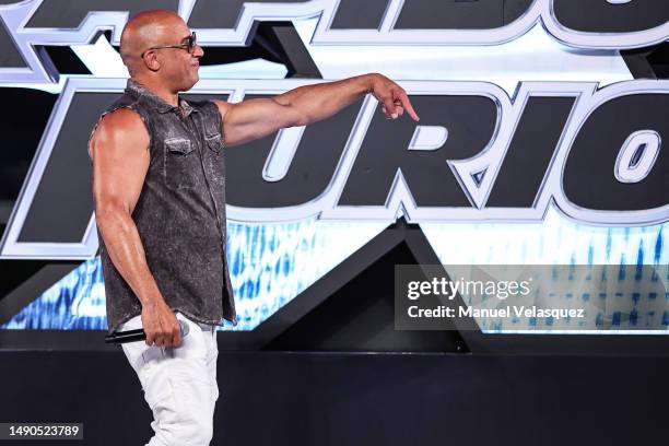 Vin Diesel gestures during the red carpet for the Mexico City premiere of "Fast X" at Plaza Toreo Parque Central on May 15, 2023 in Naucalpan de...