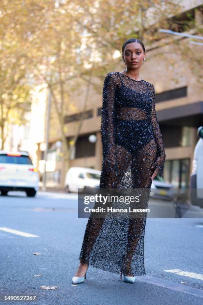 Sophie Wilde wearing an exclusive Anna Quan see through dress at Afterpay Australian Fashion Week 2023 at Carriageworks on May 16, 2023 in Sydney,...