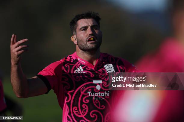 Chiefs Luke Jacobson looks on during a Chiefs Super Rugby training session at Hautapu Rugby Club on May 16, 2023 in Hamilton, New Zealand.