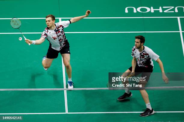 Mark Lamsfuss and Marvin Seidel of Germany compete in the Men's Doubles Round Robin match against Leo Rolly Carnando and Daniel Marthin of Indonesia...