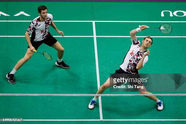 Mark Lamsfuss and Marvin Seidel of Germany compete in the Men's Doubles Round Robin match against Leo Rolly Carnando and Daniel Marthin of Indonesia...