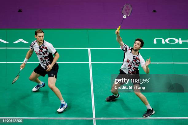 Mark Lamsfuss and Marvin Seidel of Germany compete in the Men's Doubles Round Robin match against Leo Rolly Carnando and Daniel Marthin of Indonesia...