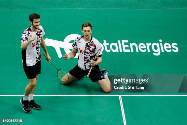 Mark Lamsfuss and Marvin Seidel of Germany celebrate the victory in the Men's Doubles Round Robin match against Leo Rolly Carnando and Daniel Marthin...