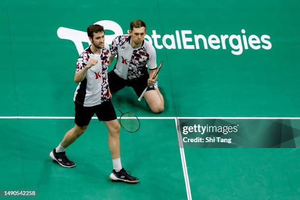 Mark Lamsfuss and Marvin Seidel of Germany celebrate the victory in the Men's Doubles Round Robin match against Leo Rolly Carnando and Daniel Marthin...