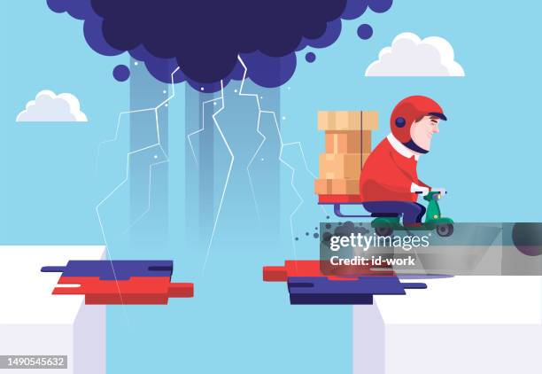 courier carrying parcels on scooter and jumping over broken puzzle bridge - motorcycle jump stock illustrations