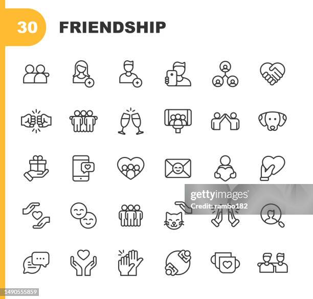 friendship line icons. editable stroke. contains such icons as friend, party, handshake, invitation, greeting card, bonding, mental health, high five, video call, pet, couple, relationship, selfie, love, fist bump. - internet high five stock illustrations