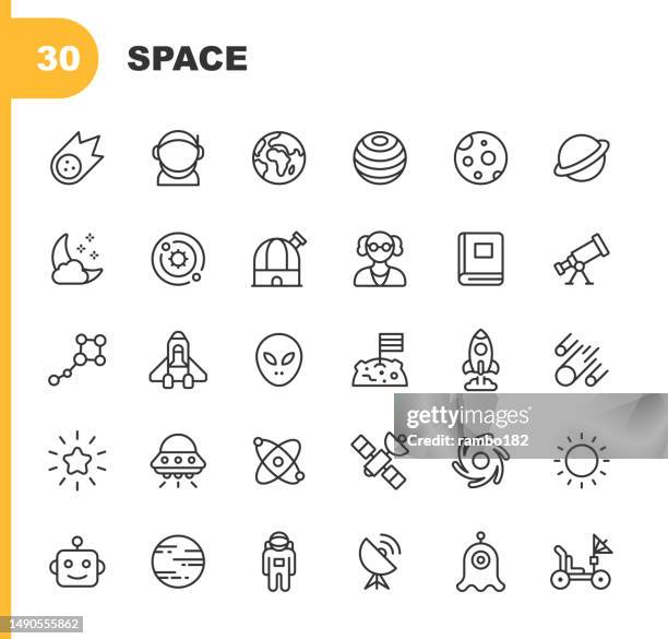 space line icons. editable stroke. pixel perfect. for mobile and web. contains such icons as comet, asteroid, astronaut, space suit, planet earth, cosmos, star, telescope, galaxy, spaceship, travel, moon landing, alien, artificial intelligence, rocket. - space shuttle discovery stock illustrations