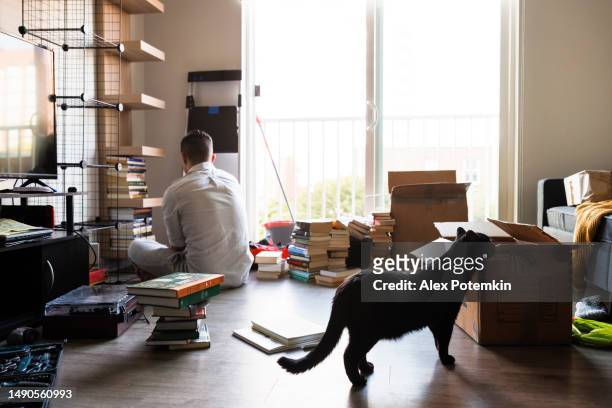 black cat help to tidy up, smell boxes. hispanic man unpacking and tidy up living room, sit on the floor by the bright window. rearview - 拆除 活動 個照片及圖片檔