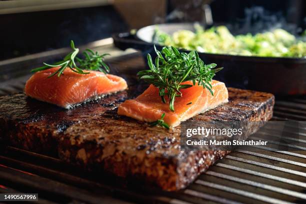 salmon shrimp and caviar on the grill for a glamorous meal - trout stock pictures, royalty-free photos & images
