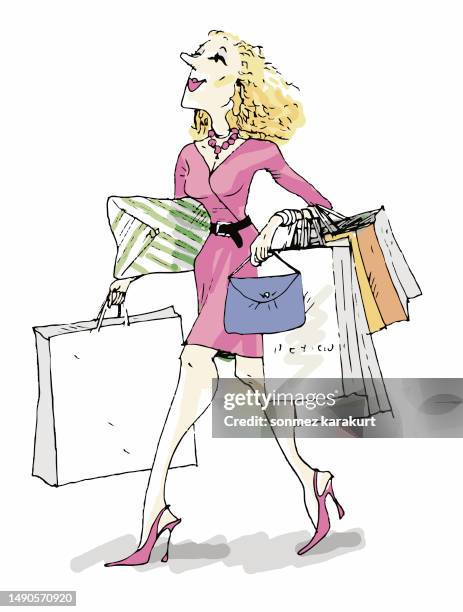 ilustrações, clipart, desenhos animados e ícones de mulher fazendo compras com as mãos cheias de sacos - alta sociedade