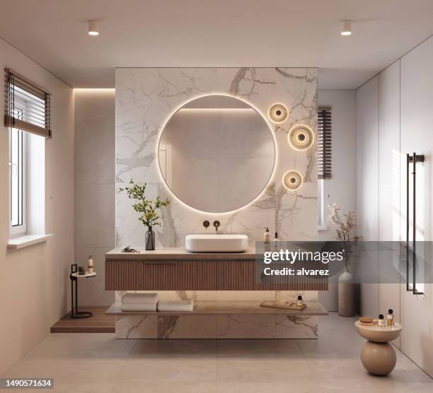 immagine generata digitalmente di un bagno di lusso con piastrelle di marmo - mirror lights foto e immagini stock