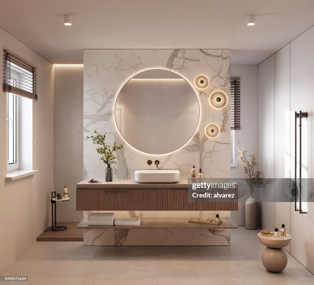 Digitally generated image of a luxury bathroom with marble tiles