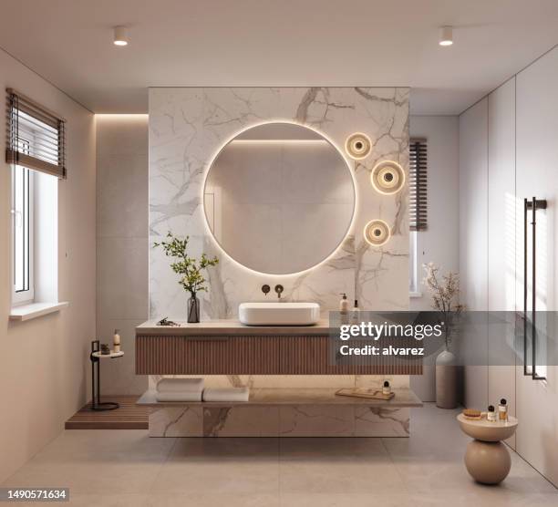 digitally generated image of a  luxury bathroom with marble tiles - restroom stock pictures, royalty-free photos & images