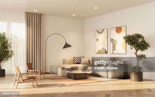 digital generiertes bild eines wohnzimmers mit holzboden - living room stock-fotos und bilder