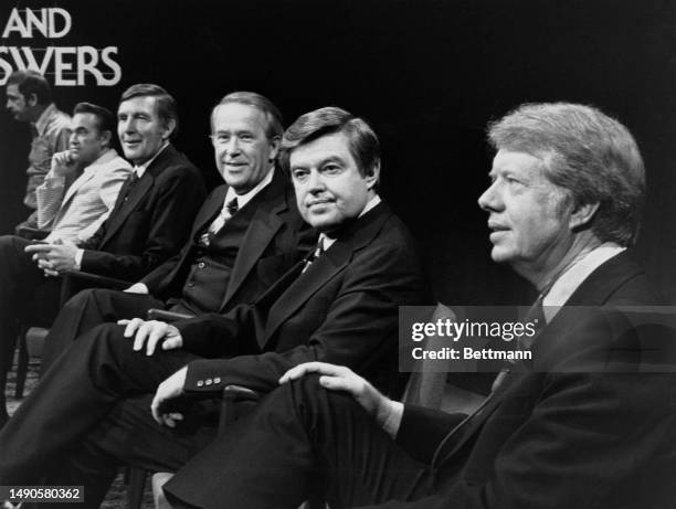 Democratic presidential candidates pictured prior to recording an episode of the ABC TV news programme 'Issues and Answers' in Philadelphia,...