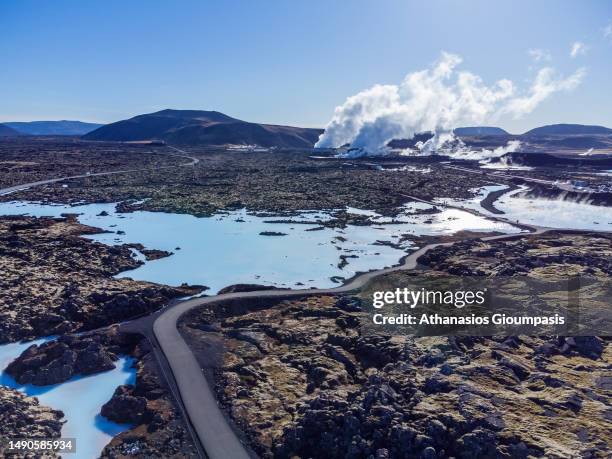 Aerial view of Geothermal power station next to Blue Lagoonon April 14, 2023 in Grindavik, Iceland.