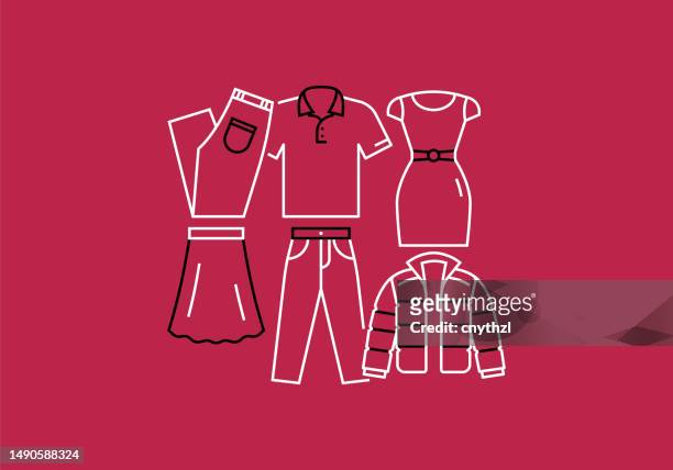 stockillustraties, clipart, cartoons en iconen met clothes related line banner design. fashion, textile, shirt, dress, coat - rack
