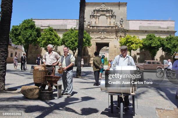 Extras during the filming of the Spanish Television series 'Operación Barrio Inglés' in the Plaza del Mercado in Jerez de la Frontera on May 15, 2023...